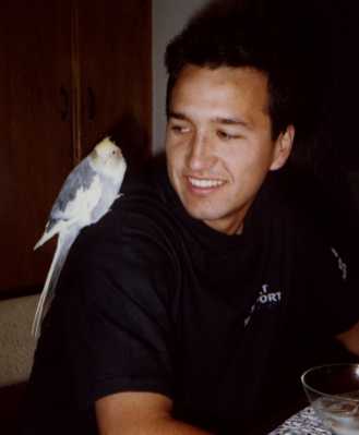 Aug 30, 1989 (I'm 19 years old) Sitting in the kitchen with Condorito. 