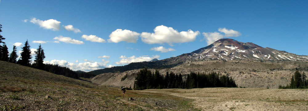 This panorama of the Three Sisters Wilderness in Oregon shows off the South Sister. I wanted to climb it, but we would have been descending it in the darkness. I'm walking with my umbrella at my regular pace of under three miles per hour. As slow as that is, Washington and Oregon went by so quickly. 