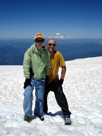 From the 12,200 foot summit of Mt. Adams you can see Mt. Rainier in the background, which we had climbed a couple of years before. Notice my sneakers, ideal mountaineering footwear. 