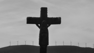 Jesus, cross, windmills in Spain's Camino Santiago 