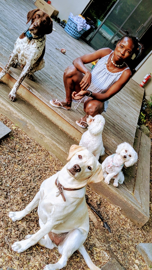 4 dogs on a porch with a black lady named Rejoice